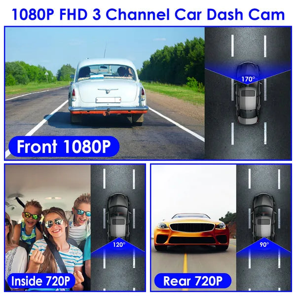 WiFi FHD 1080P Car Dash Cam 3 Channels Front Rear Inside Dash Camera With Loop Recording Reversing Visual 170° Wide Angle 64G Card Included